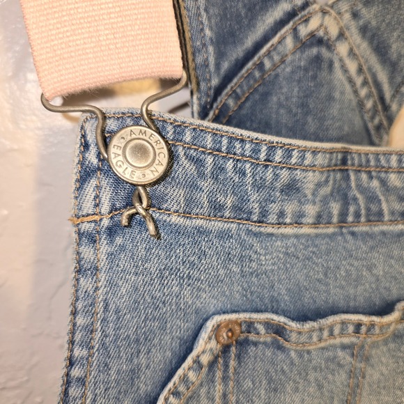 American Eagle 90s Boyfriend Overalls Small Womens Blue Distressed Pink Straps - Picture 8 of 13